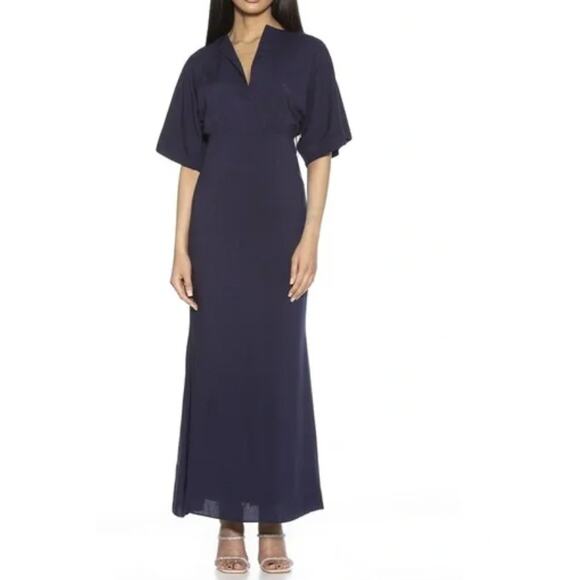 NWT Alexia Admor Naomi Draped Maxi Dress Short Sleeve V Neck Navy Blue Size 6 - Picture 3 of 9